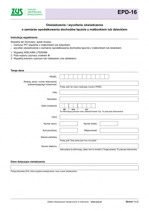 ZUS EPD-16 Oświadczenie o zamiarze opodatkowania dochodów łącznie z ma...