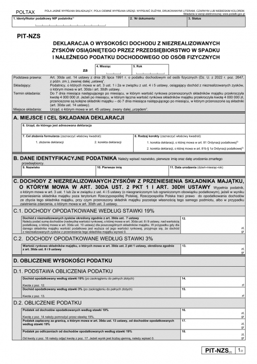 PIT-NZS (2) Deklaracja o wysokości dochodu z niezrealizowanych zysków...