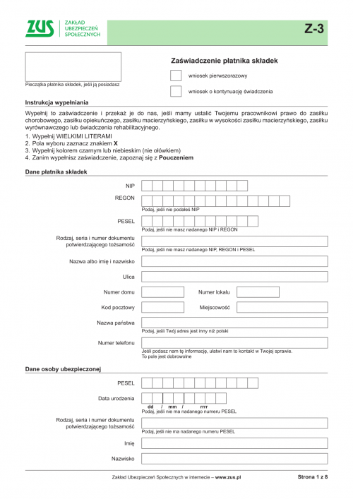 ZUS Z-3 Zaświadczenie płatnika składek - wersja papierowa